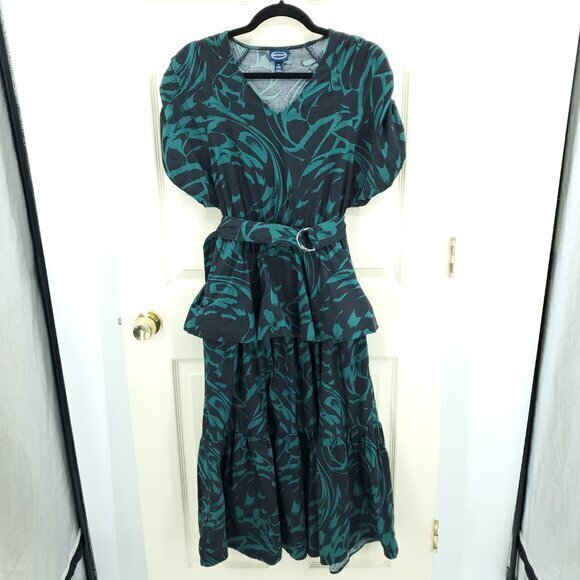 Scoop Tiered Ruffle Midi Dress M Black/Green - Picture 2 of 16